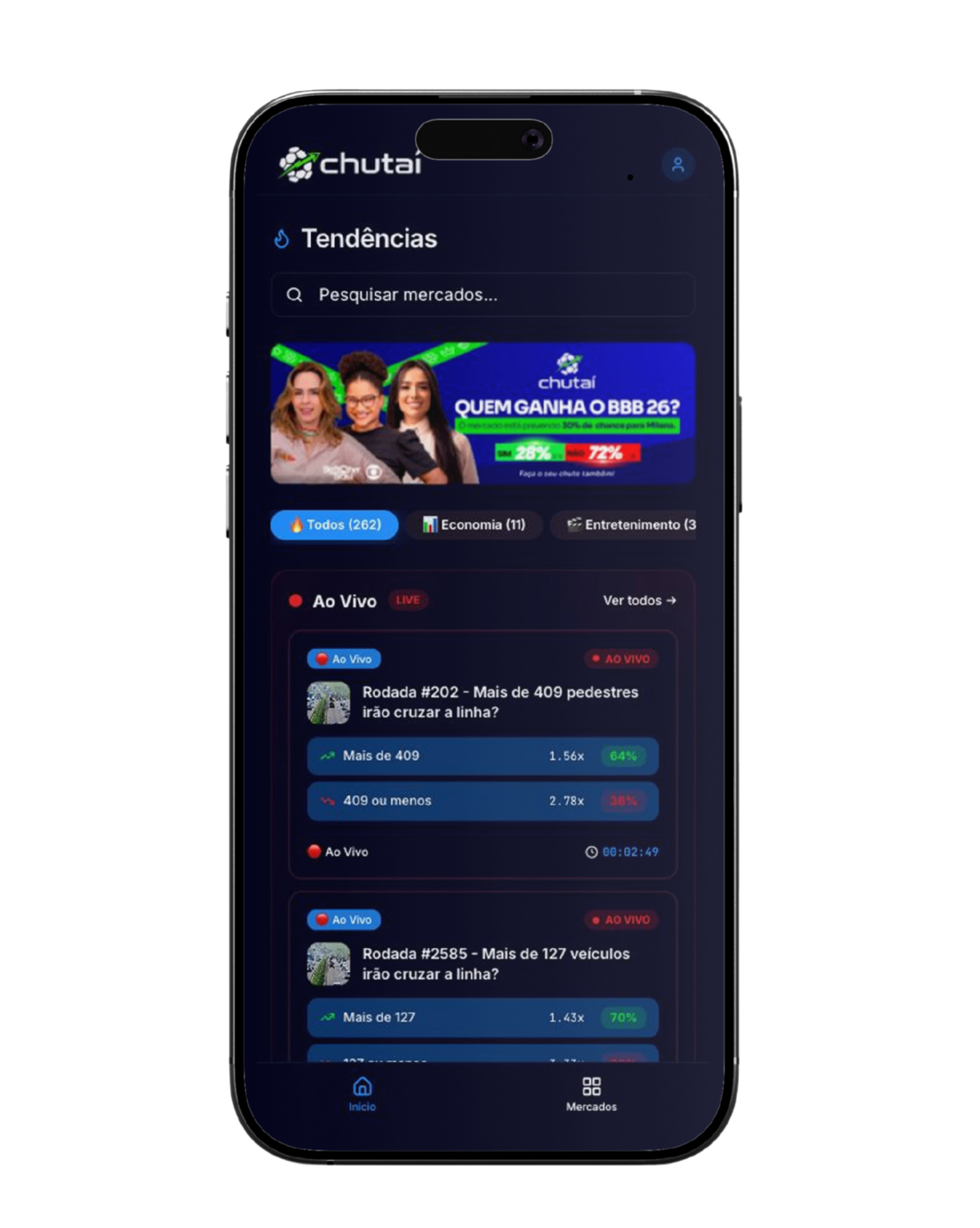 App mobile exibindo feed de tendências