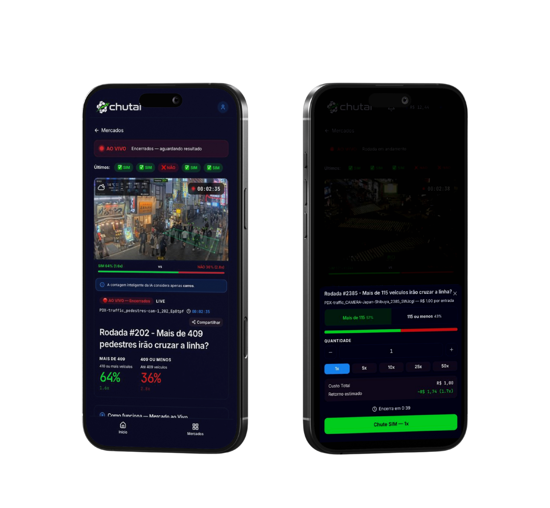 App mobile mostrando mercado ao vivo