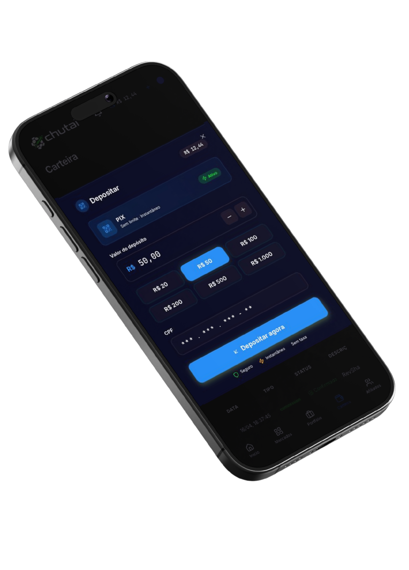 App mobile exibindo carteira PIX
